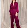 Women Robes With Sashes 2 Piece Set Wrist Sleep Tops Satin Pants Loose Pajamas Casual Sleepwear Female Home Suits