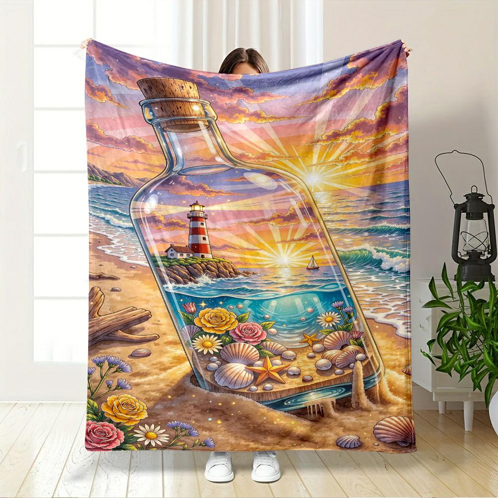 Lighthouse in Bottle with Beach Sunset Design Flannel blanket for bedroom, living room, sofa, and nap