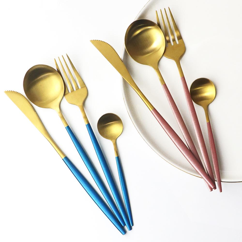 4Pcs Pink Gold Dinnerware Set Blue Gold Matte Cutlery Set Stainless Steel Tableware Set Fork Knife Spoon Silverware Flatware Set