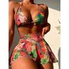 3 шт. с принтом и юбкой, бикини с лямкой на шее, женские купальники, женский купальник, комплект бикини из трех частей, купальный костюм, купальный костюм для леди