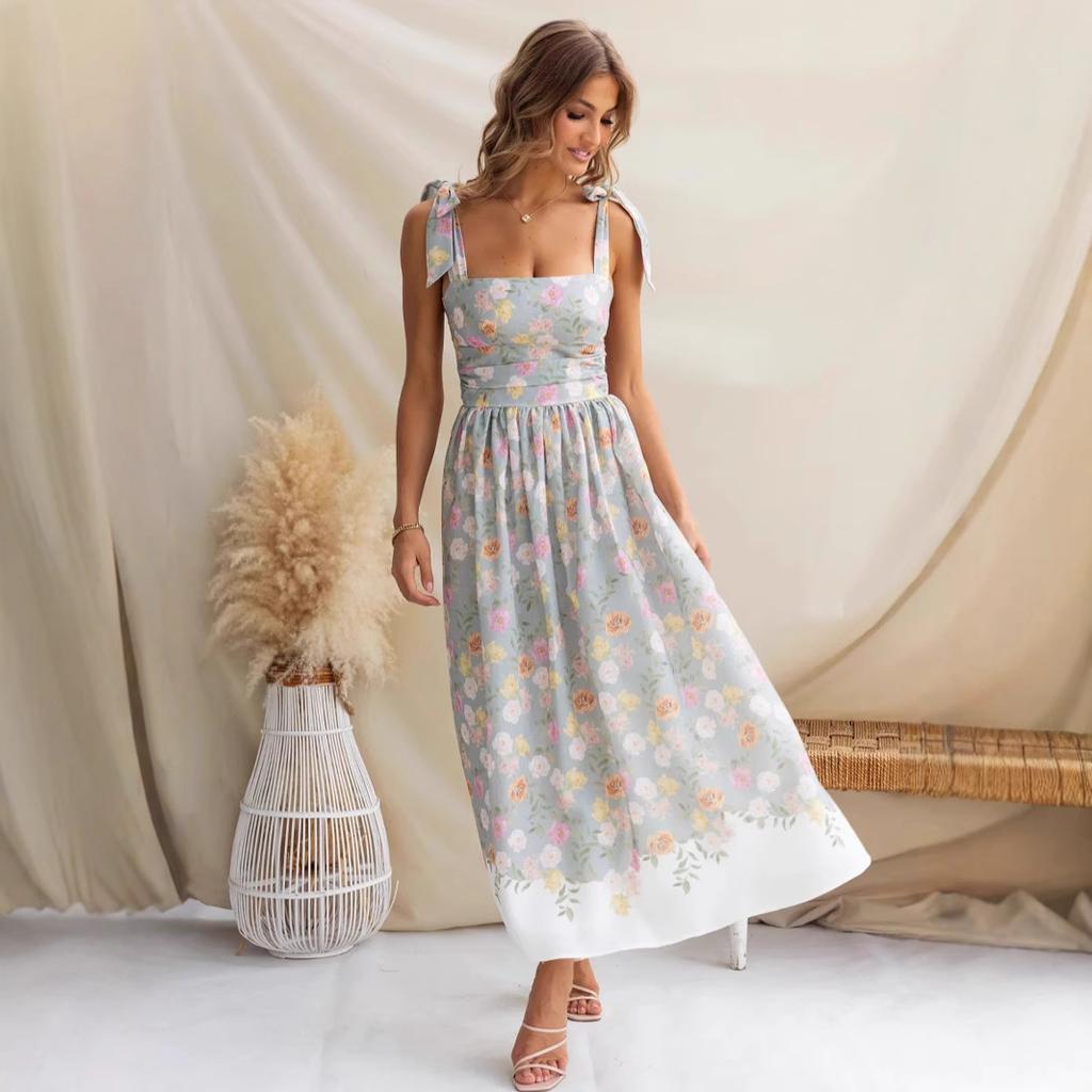 This Summer's New Resort-style French Floral Floral Cinched-waist Slimming, Color-block Strappy Jumpsuit Dress