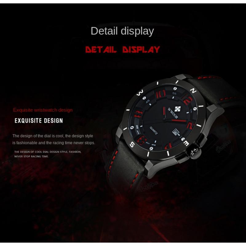 WWOOR Спортивные мужские часы с кожаным ремешком Матовый черный корпус с календарем Водонепроницаемые кварцевые часы