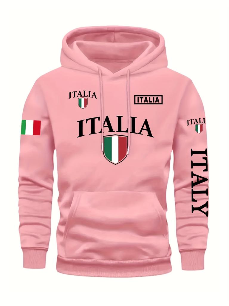 Мужская толстовка с капюшоном с принтом флага Италии в виде щита и надписью BOLD ITALY, серая, повседневная, пуловер, передний карман, манжеты в рубчик, удобная посадка, городская мода