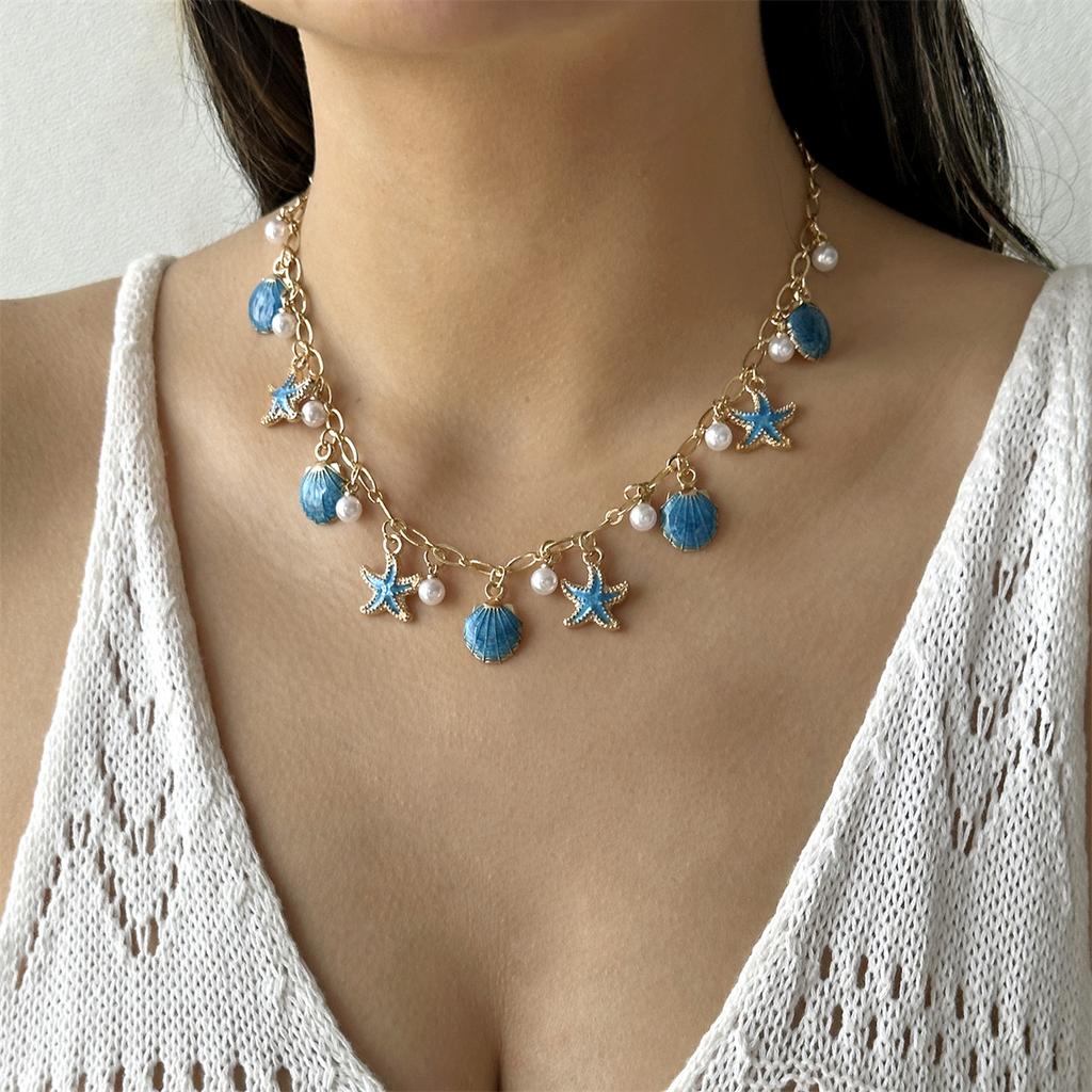 Vintage Ocean Starfish Scallop Turtle Pendant Necklace Women Metal Chain Conch Coral Beach Party Jewelry