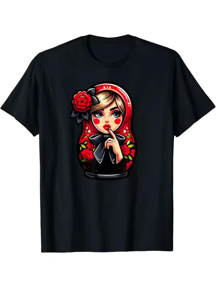 Russian Matryoshka Doll Shushing Graphic Tee Breathable Round Neck T-Shirt Daily Wear for Women