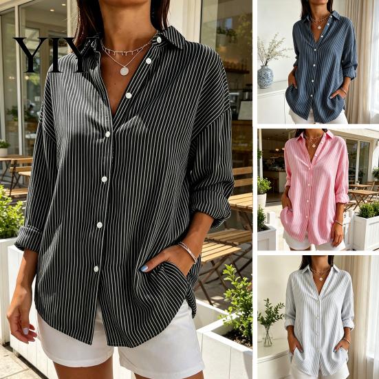 Women Collared Shirts Striped Shirt for Summer Autumn, Button Down Single Machine Washable Breasted Blouse, Dressy Casual Long Sleeve Top Breathable