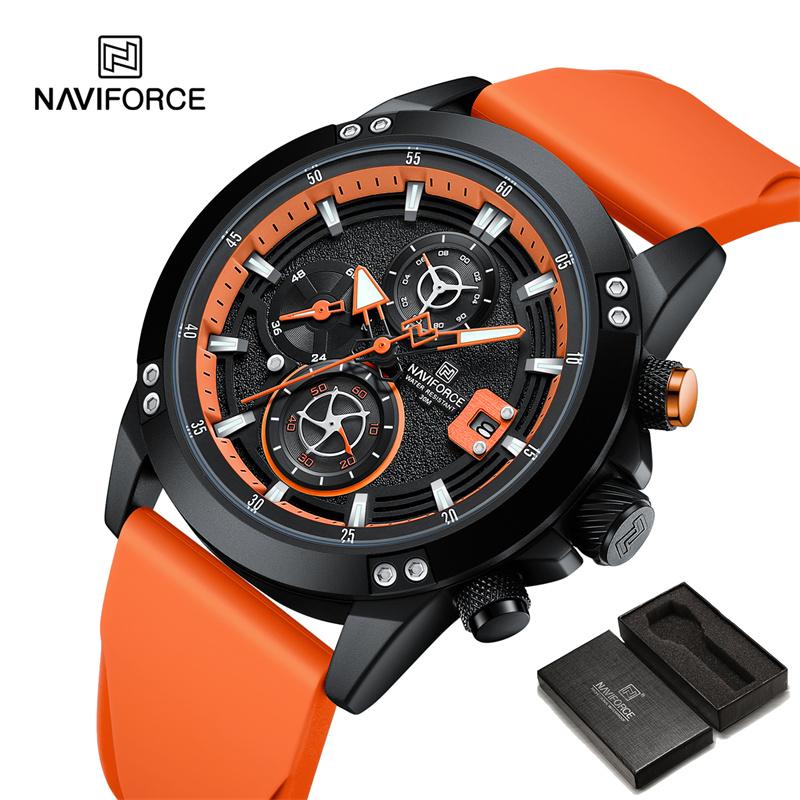 Naviforce Мужские часы с водонепроницаемым резиновым силиконовым ремешком, хронограф, наручные часы 8033
