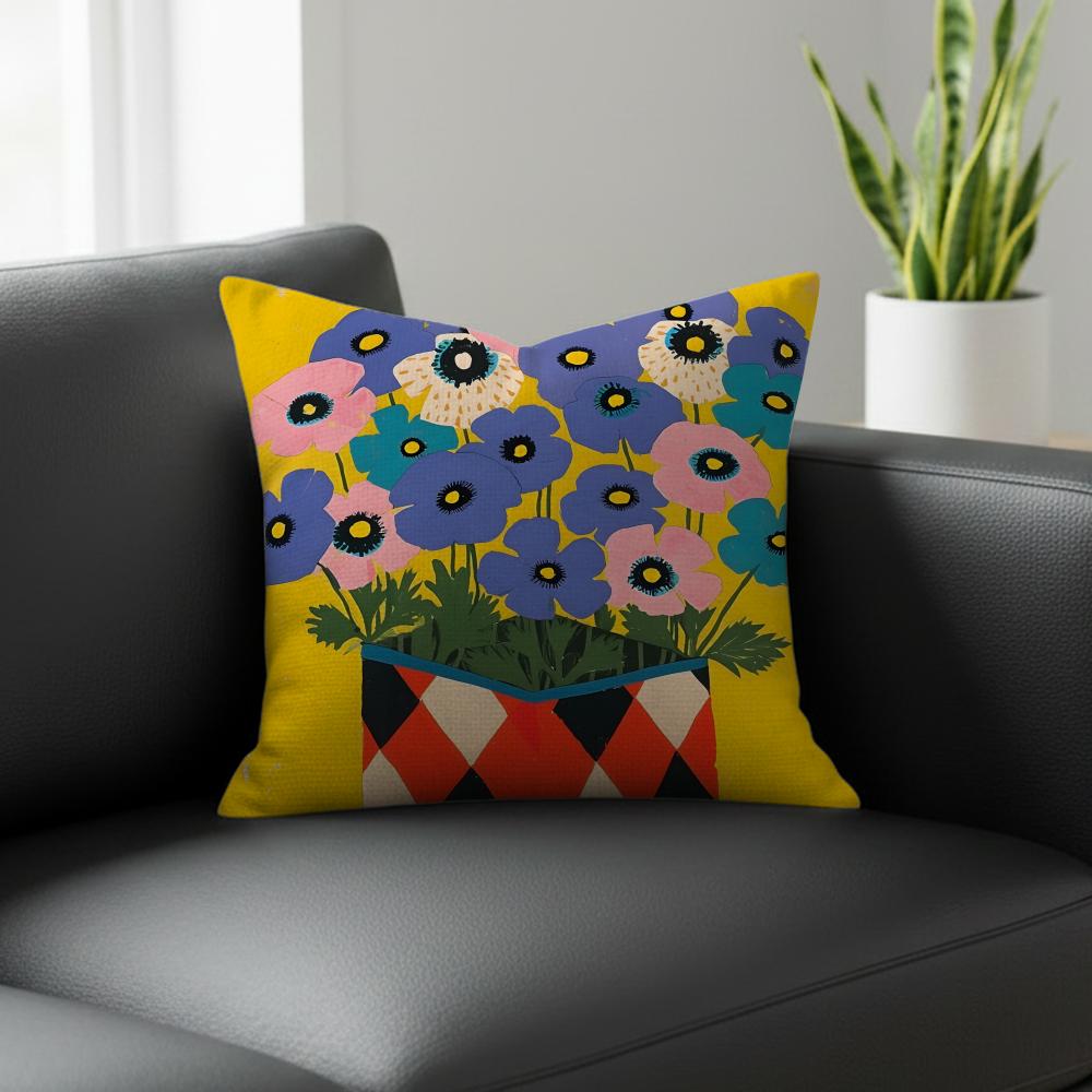 B-Blue Anemone Cushion Cover Natural Linen Pillowcase Set, All-In-One Decor For Sofa, Bedroom & Chair