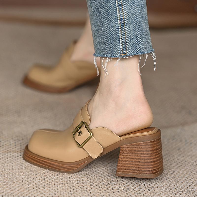 Fashion Baotou Half Slippers 2025 Women's New Commuter Thick Sole Outer Wear Muller Thick Heels Belt Buckle High Heels Women Shoes