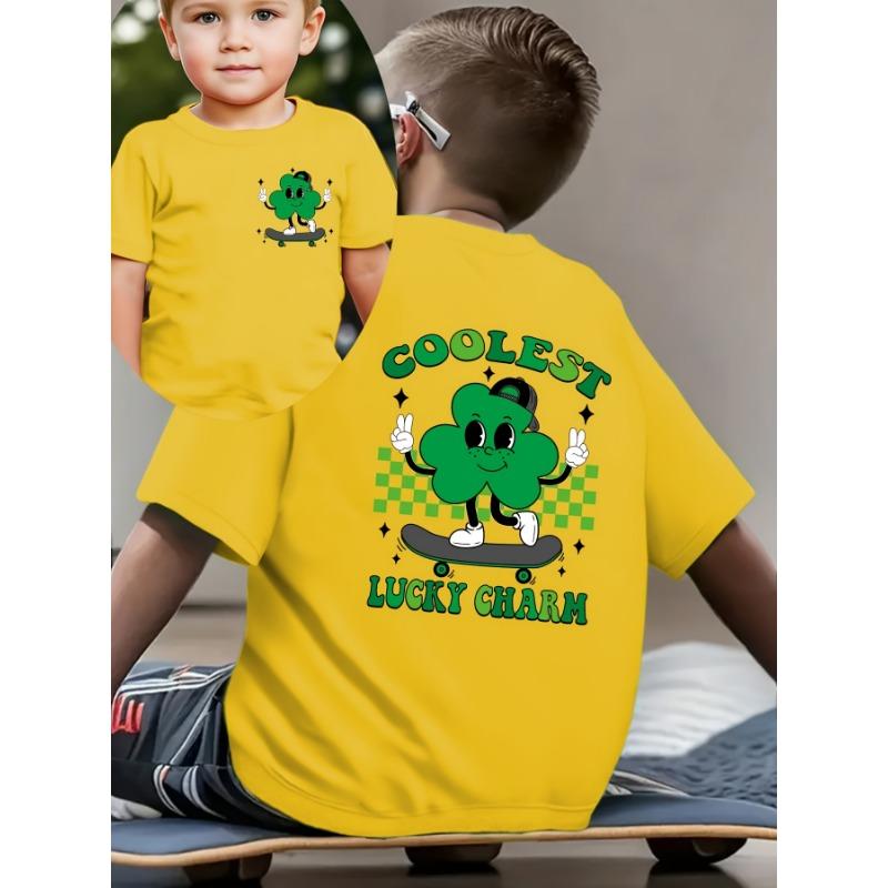 European sizes Summer Boys' Fashion Short-Sleeve T-Shirt "COOLEST LUCKY CHARM" Lettering with Cartoon Prints of a Four-Leaf Clover