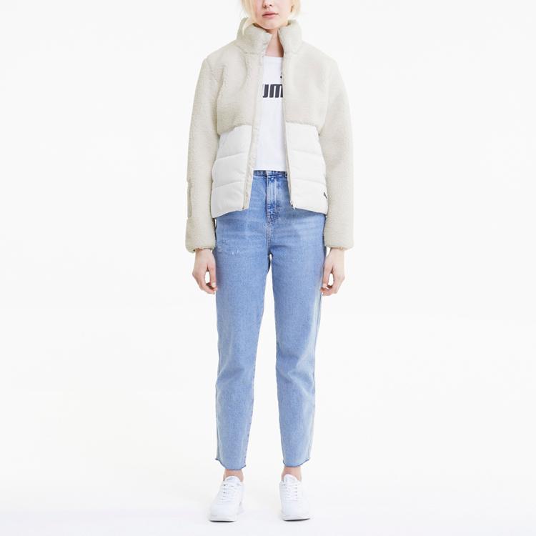 Puma Faux Lamb Wool Spliced Solid Color Stand Collar Cotton Jacket Women Jackets White 585522-05