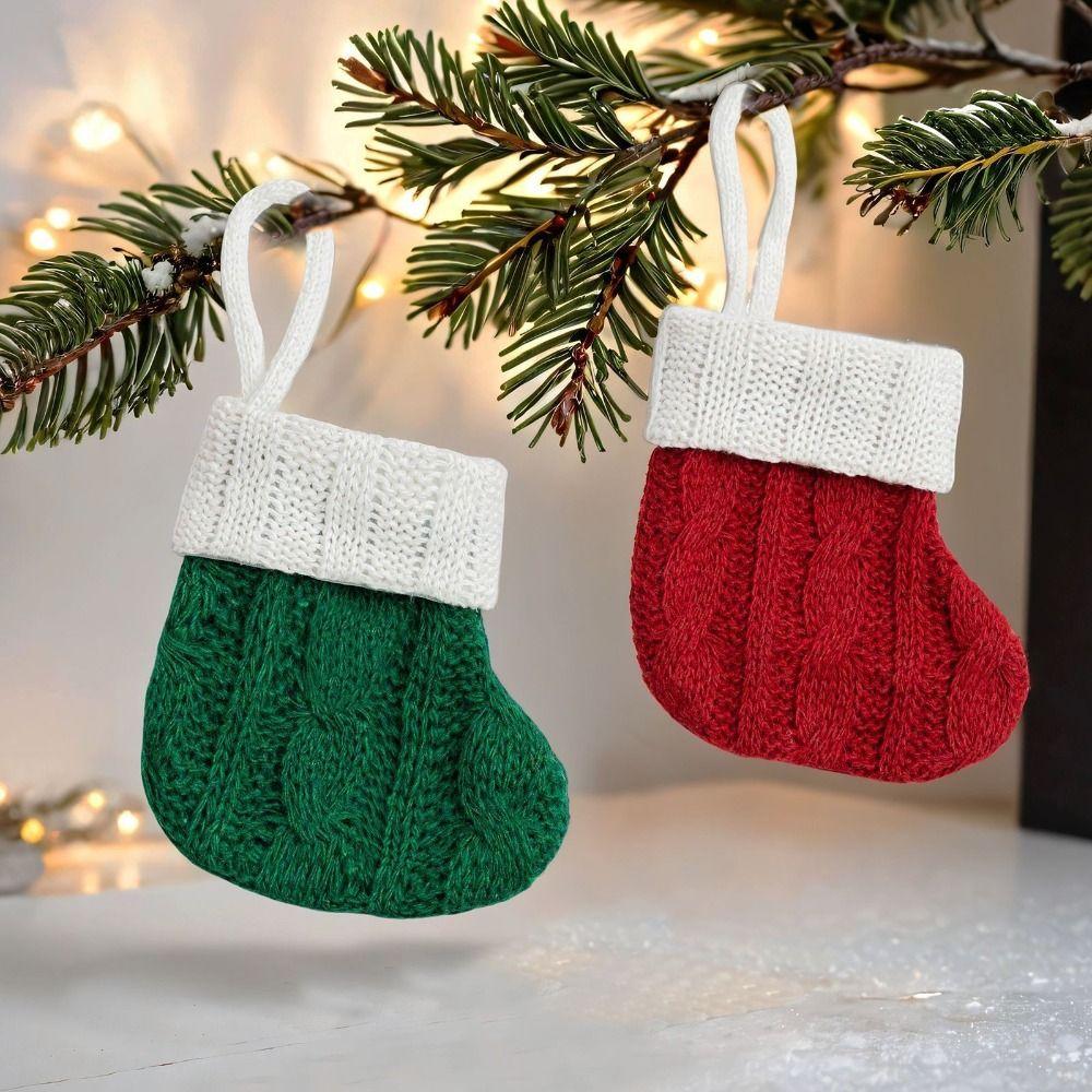 3pcs Mini Candy Gift Bag Red Green Cutlery Cover Crafts Christmas Knitted Socks Gift