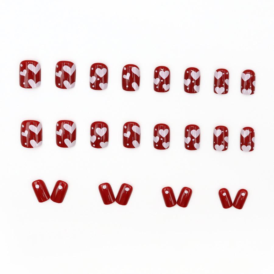 24 шт. Вишнево-красный, наполненный любовью и белой атмосферой, короткие носимые ногти из 24 шт.