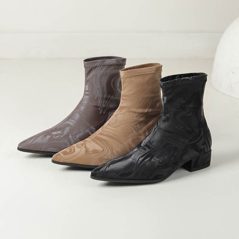 lenkisen PU Autumn Winter Shoes Thick Low Heels Printing Oriental Design Chelsea Boots Keep Warm Beauty Lady Ankle Boots