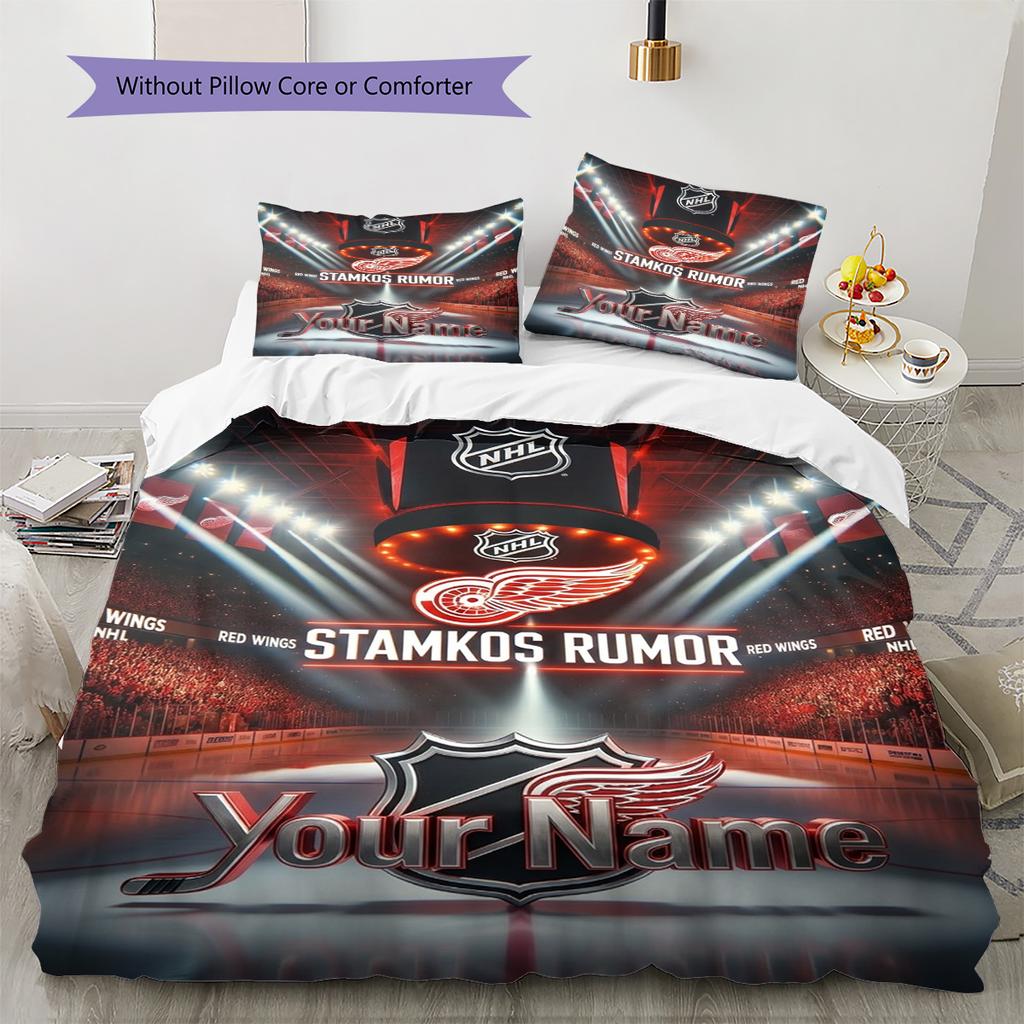 Name Custom Detroit Red Wings Pattern Bedding Set Quilt Cover Pillowcase Home Decor Gift (1 * duvet cover + 2 * pillowcase, without core)