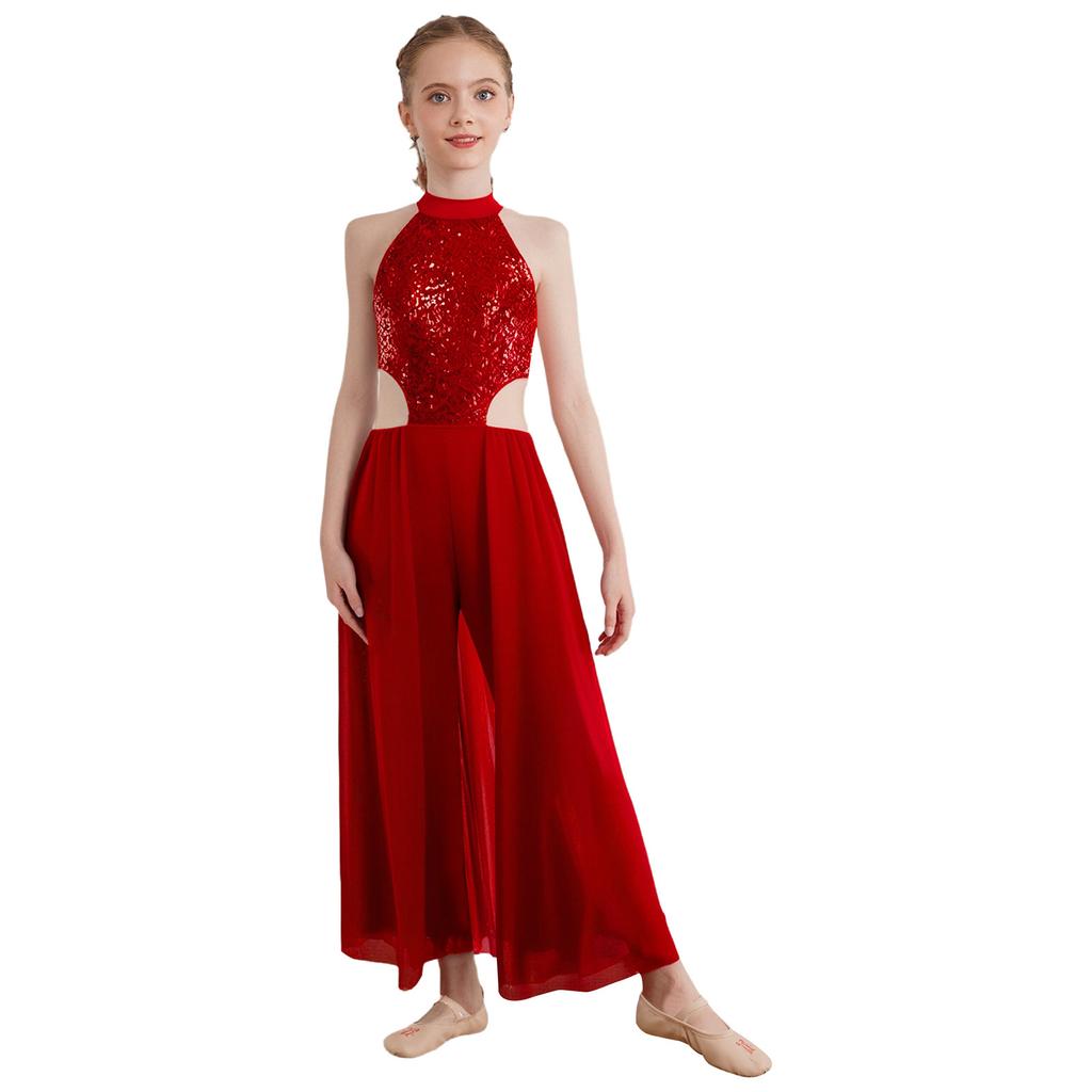 Девочки Блестящие Пайетки Халтер Без рукавов С открытой спиной Юбка Комбинезон Латиноамериканский Танец Костюм для выступления