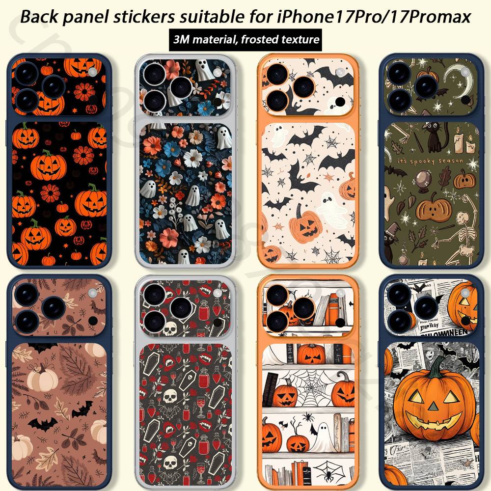 Хэллоуин Милая Тыква Череп Для iPhone 17 pro Max /17 pro Полное Покрытие Наклейка Кожаная Обёртка 3D Цветная Задняя Защитная Плёнка-Наклейка