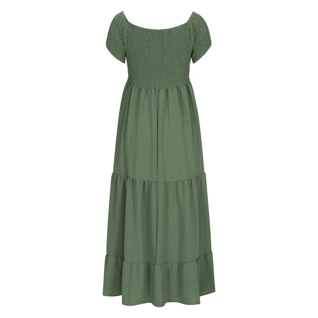 Women's Fashionable Solid Color Pleated Layered Short Sleeved Large Hem Dress