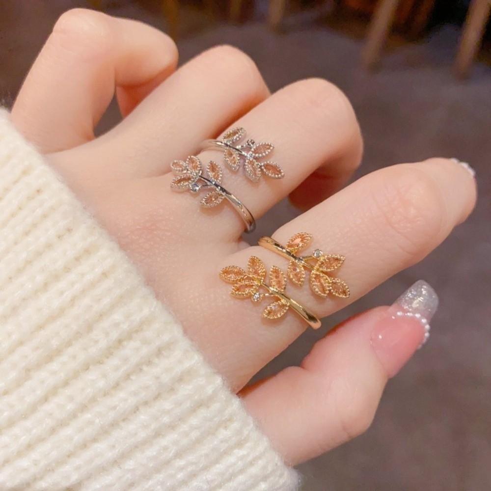 Gold Color Wheat Ear Leaf Rings Silver Color Zircon Rings New Leaves Ring Party Rings