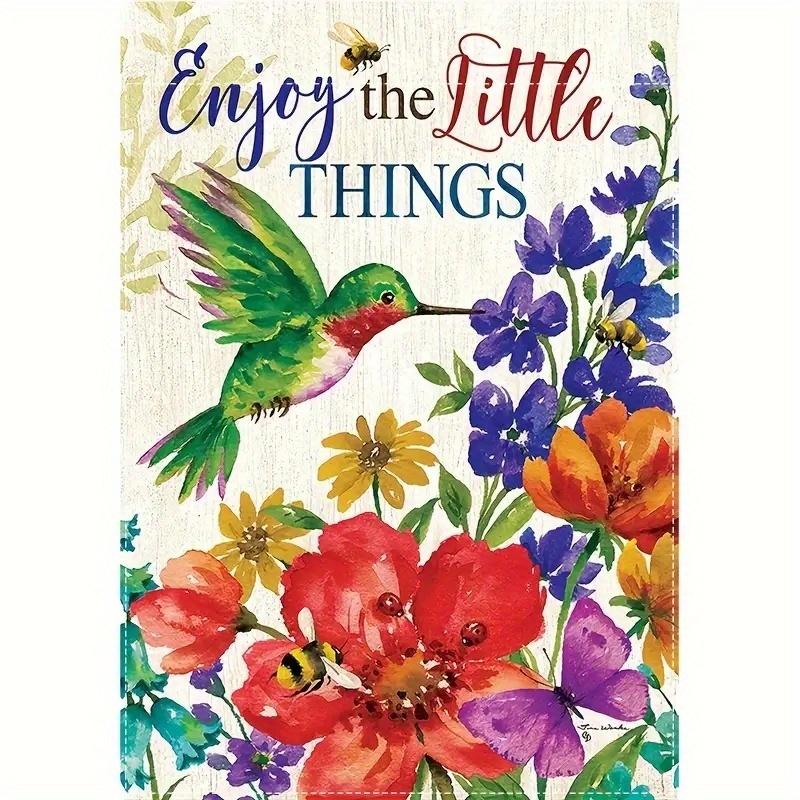 One "Savor the Little Things" Hummingbird Garden Flag, 30.48cm x 45.72cm Vertical Floral Burlap Lawn Sign, Double-Sided Design, Washable, Suitable for