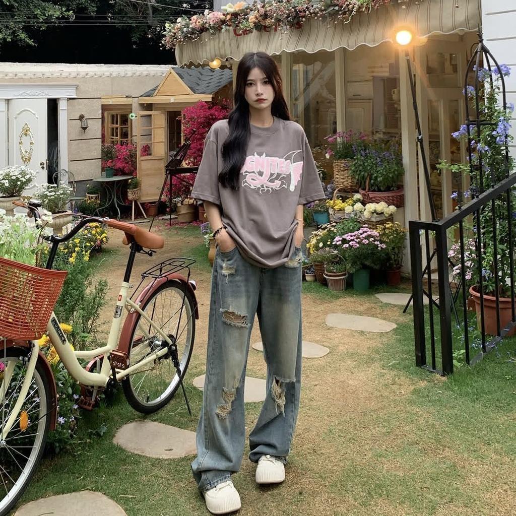 American Retro Perforated Jeans Women's High Waist Straight Crotch Loose Slim Wide-leg Drag Pants