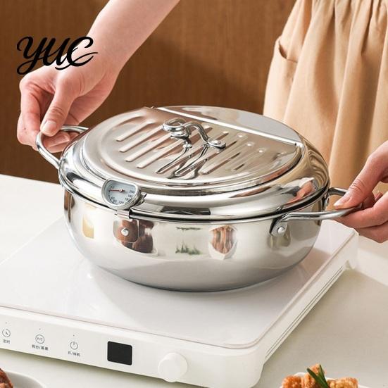Multi Purpose Stew Simmer Pot Japanese Deep Fryer with Thermometer, 201 Stainless Steel Tempura Pan, 2.2/3.2L Induction for Crispy Food Compatible Oil