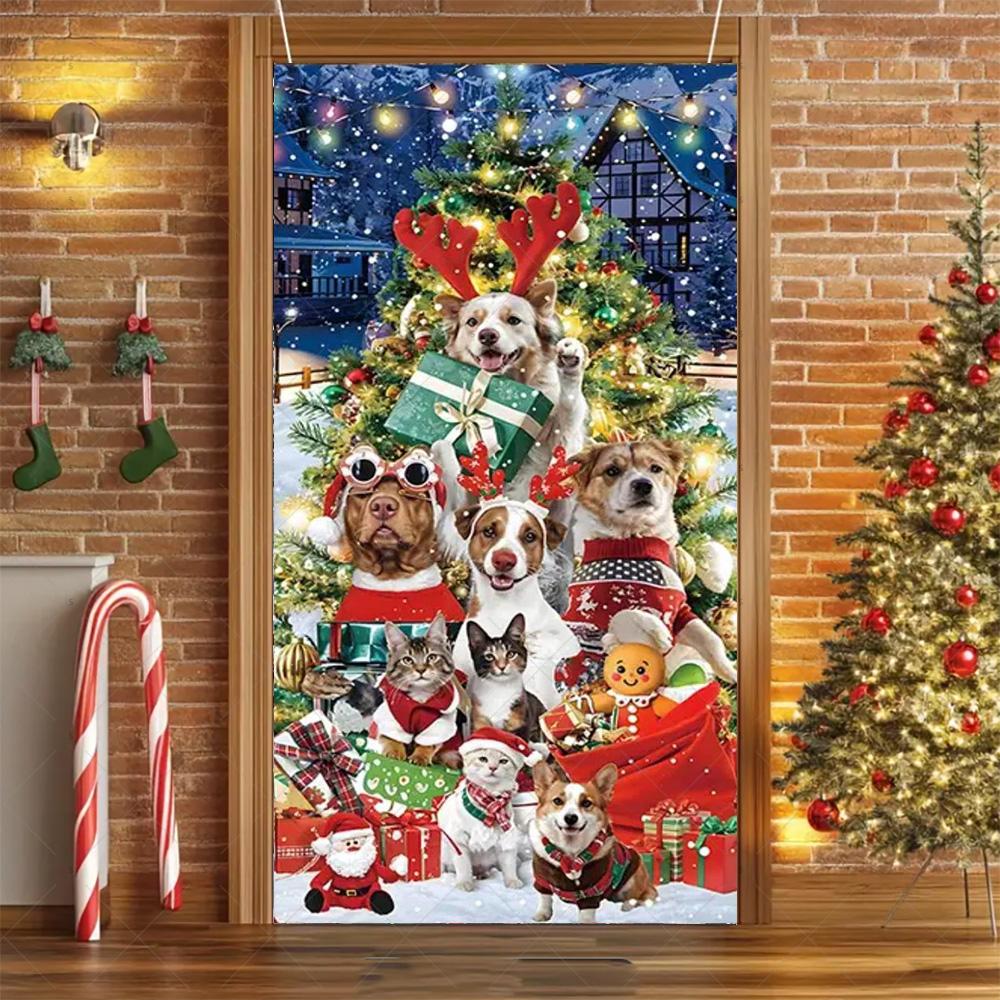 Cartoon Pet New Year Christmas Party Decorations Cat Dog Theme Door Covers Background Supplies Xmas Tree Photography Backdrop