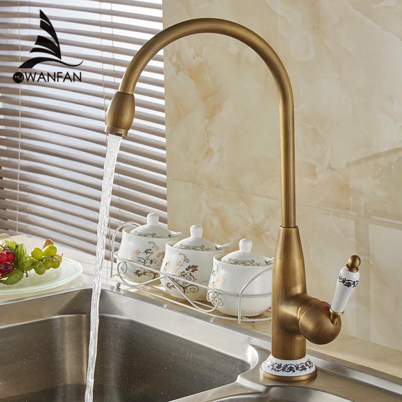 European Style Antique Gold Brass Body Single Hole Single Handle Hot and Cold Water Deck Mounted Kitchen Sink Faucet