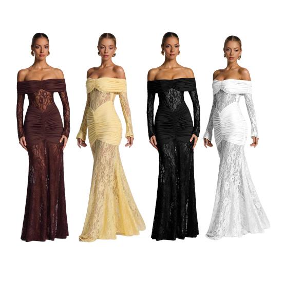 Женское платье макси с открытыми плечами и длинными рукавами, из прозрачной сетки с цветочным кружевом, с драпировкой, облегающее фигуру, сексуальное