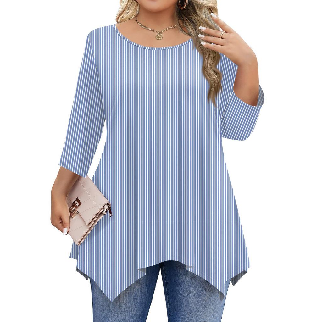 Womens Plus Size 3/4 Sleeve Shirts Round Neck Tunic Tops Basic Loose Fit Tee Tops L-5XL