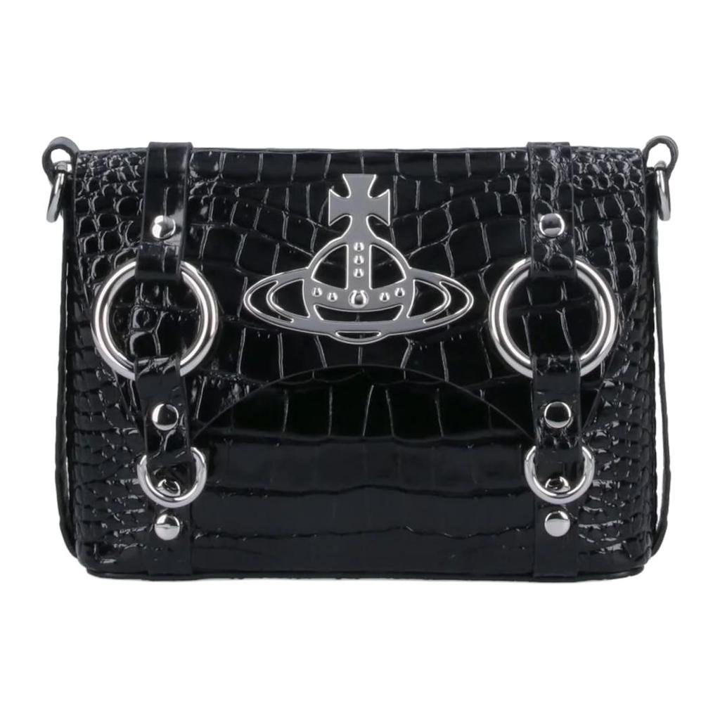 VIVIENNE WESTWOOD Queen Logo Small Calfskin Crossbody Shoulder Bag Women Bags Black 48030007UL0099N401