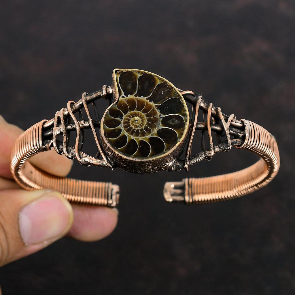 Ammonite Fossil Gemstone Cuff Bracelet Copper Wire Wrapped Bangle Adjustable Cuff Handmade Bangle Very Pretty Copper Jewelry Gifts For Women
