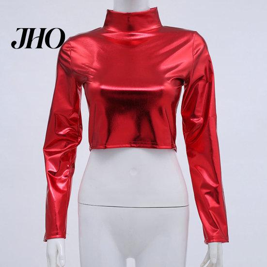 Women Top Club Glossy Faux Leather Half-high Collar Solid Color Waist-exposed Long Crop Sleeve Skinny Pullover Elastic Nightclub Stage Show