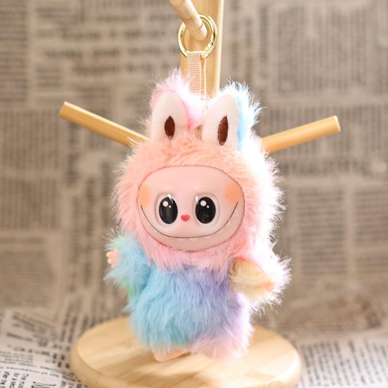 Iridescent Labubu Plush Rabbit Keychain With Colorful Short Pile Plush For Bag Decoration And Gift
