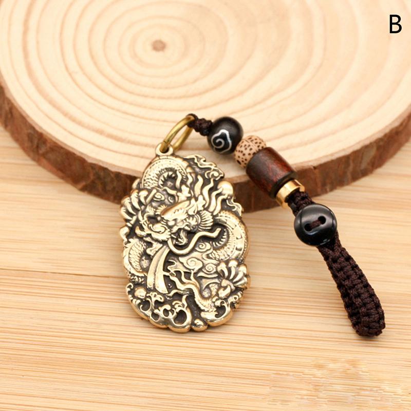 Vintage Brass Beast Dragon Lucky Rope Keychain Pendant Chinese Zodiac Dragon Animals Car Key Chain Bag Feng Shui Hanging Gift