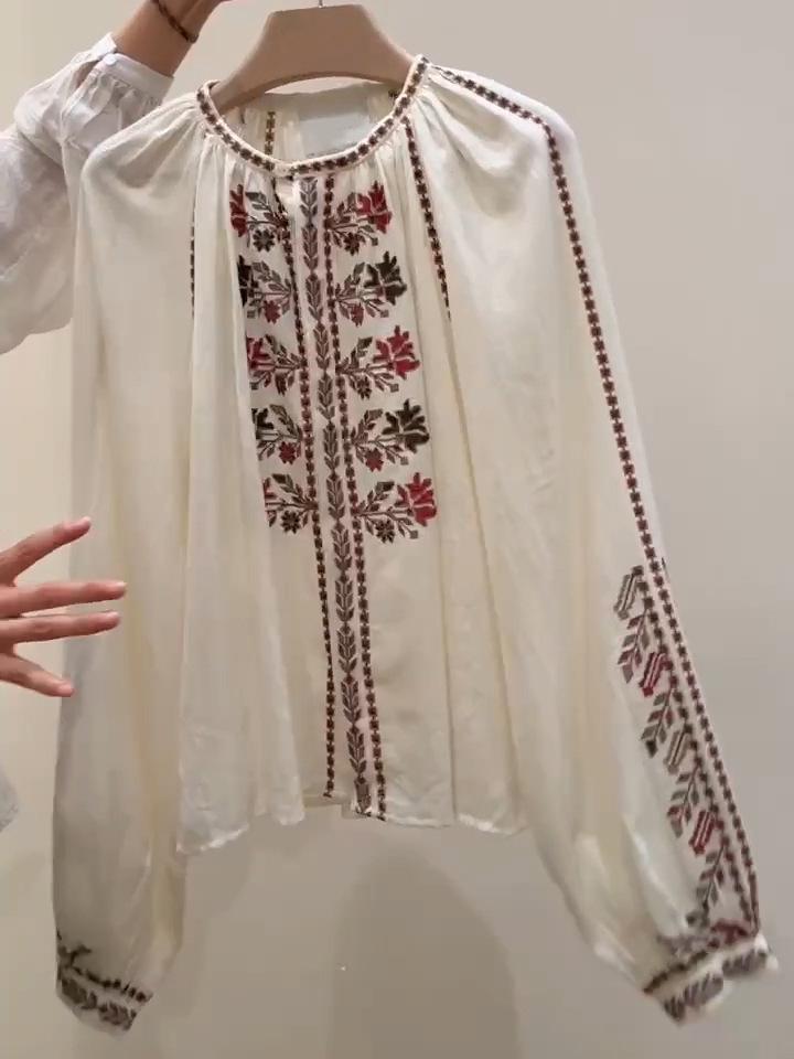 Женская французская этническая вышитая рубашка из чистого хлопка с длинными рукавами-фонариками, ранний сезон 2026
