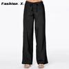 Large Size Women's Elastic Waist Long Linen Casual Loose Wide Leg Pants Female