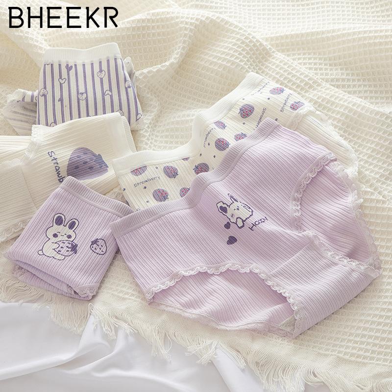 5pcs/set Cute Purple Girl Cartoon Rabbit Thread Cotton Strawberry Girl Student Mid-waist Panties Female