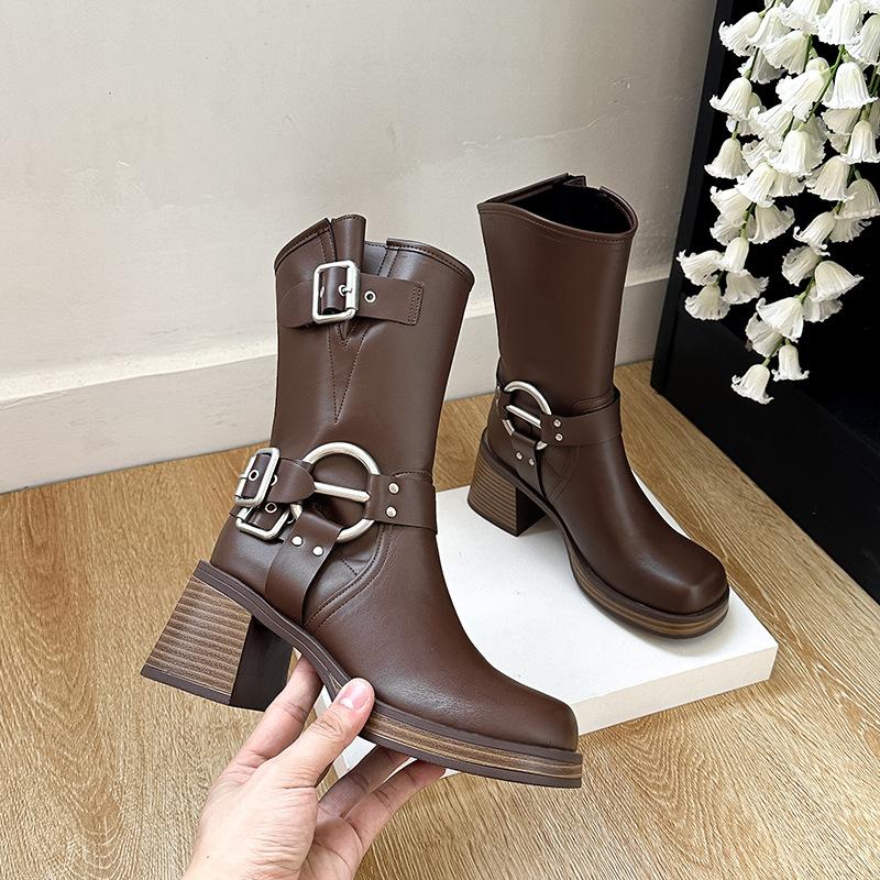 Three-buckle version retro short locomotive Martin boots 2025 autumn belt buckle thick heel heightening short boots autumn and winter women