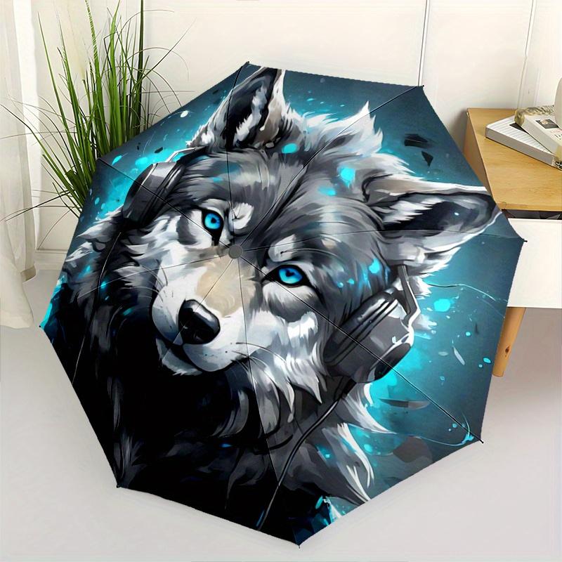 1pc Blue-Eyed Wolf in Headphones Automatic, Cute Cartoon Pattern, Portable Outdoor Umbrella, Holiday Gift for fans.C022