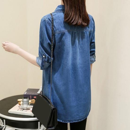 Женская рубашка-пальто с лацканами и длинными рукавами, свободная джинсовая рубашка средней длины, базовая верхняя одежда в повседневном стиле с карманами