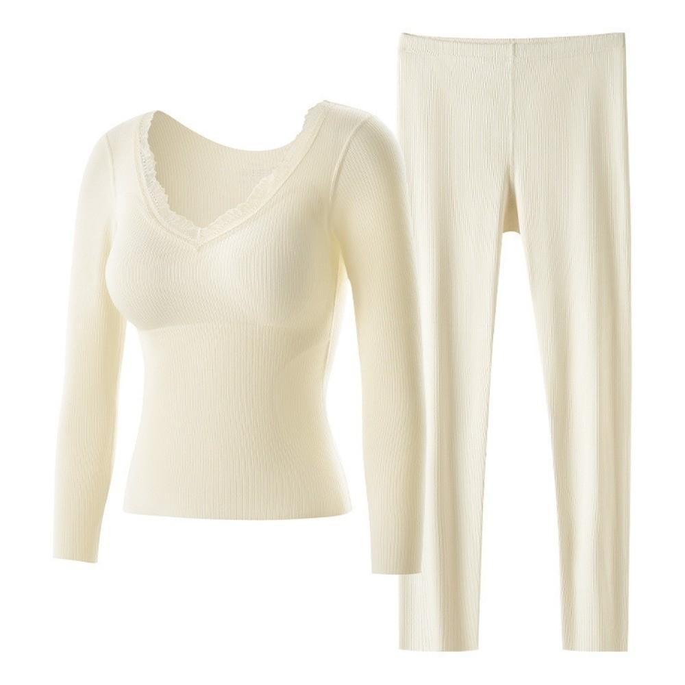 Lace Warm Long Tops Pants Set with Chest Pad Slimming Underwear Women Thermal Underwear Underwear