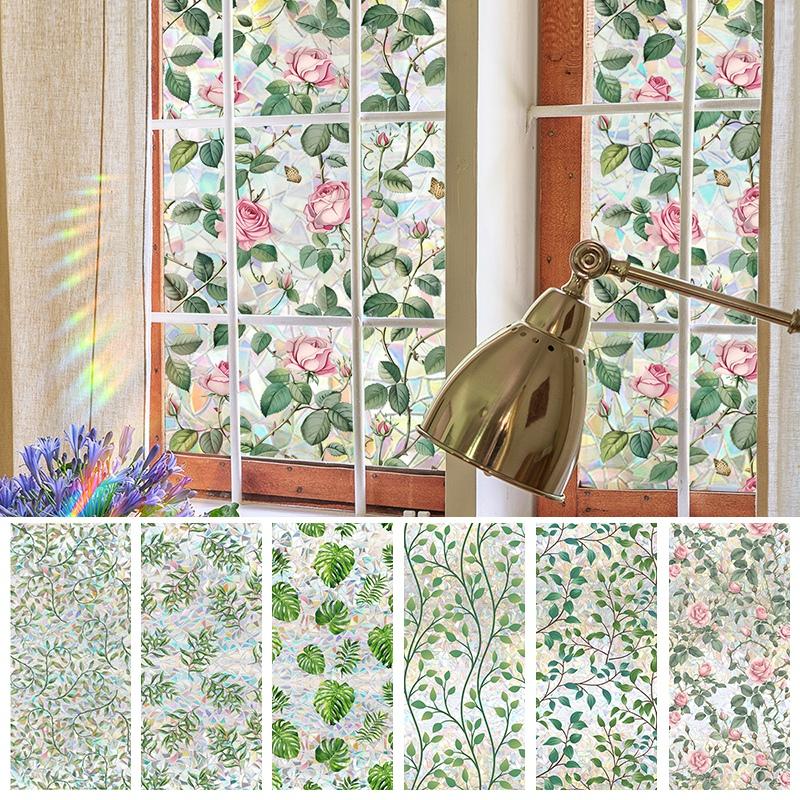 Радужная стеклянная пленка, цветная наклейка на окно с растением, ПВХ, статическая наклейка, наклейки для ванной комнаты, декоративные самоклеящиеся пленки