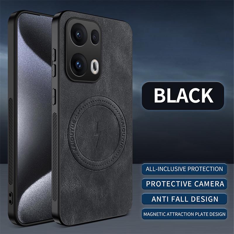 Противоударный магнитный чехол OPPO Reno13 с текстурой кожи наппа и полной защитой объектива для Reno13 Pro.