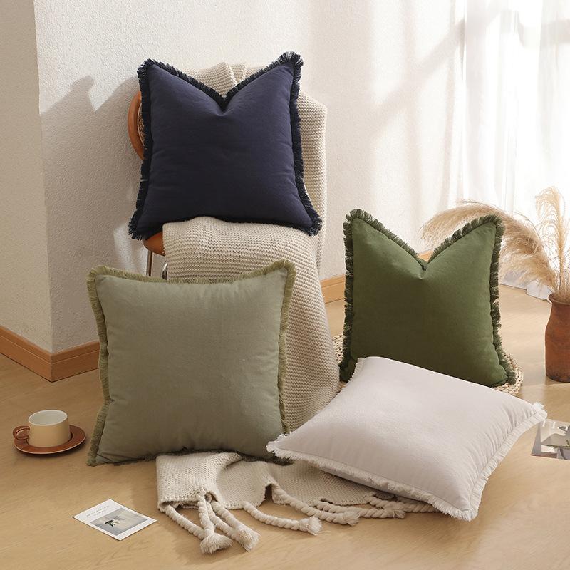 Modern Simple Sofa Cover Pillow Thickened Washed Cotton and Linen Tassel Living Room Bedroom Sofa Bedside Pillow Cover