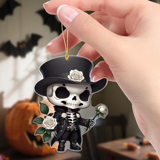 Halloween Car Ornament Cool Skeleton Acrylic Car Rearview Mirror Charm 2D Flat Skull Hanging Pendant for Car Interior Backpack Accessory