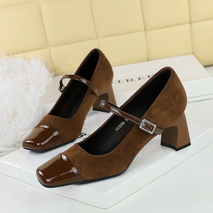 Women's Shoes with Thick Heel, Mid Heel, Shallow Mouth Splicing, Square Toe, Straight Line with Rhinestone Buckle, Single Shoe, Mary Jane Shoes