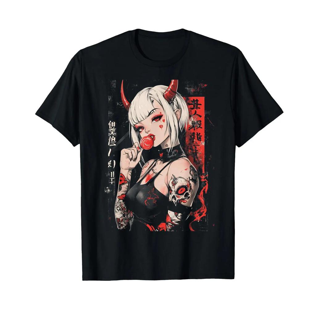Goth Grunge Girl Waifu Demon Anime Horror Alt Aesthetic T Shirt Vintage Soft Designer Clothes Top For Everyday Wear