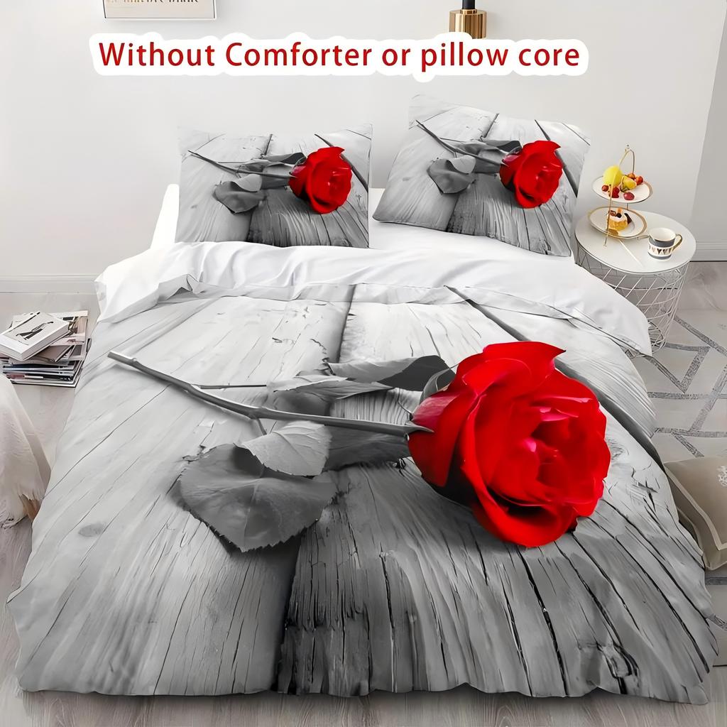 Red Rose Flower 3D Print Duvet Cover Luxury Romantic Theme Soft Bedding Cover Set Couple Valentine's Day Gifts Bedroom Decor
