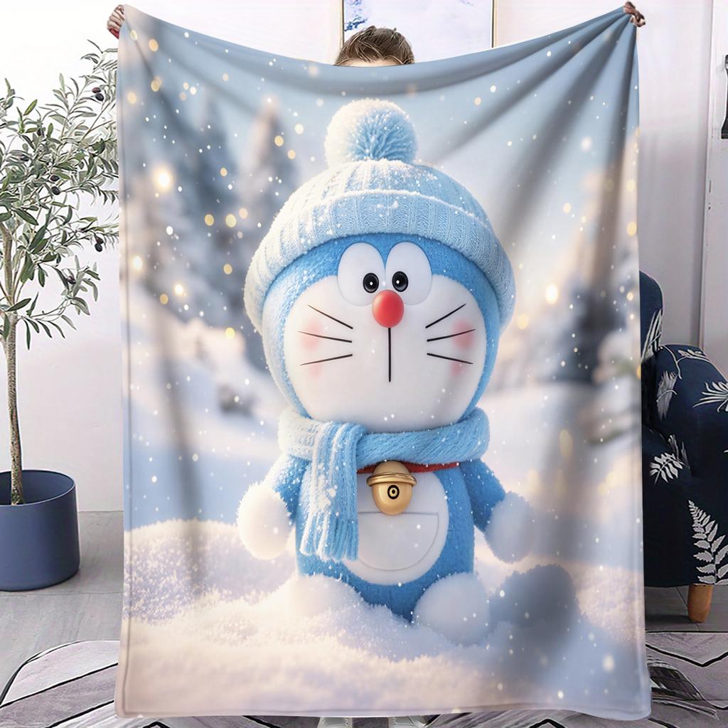 Doraemon in the Sea of Tulip Flowers Print Blanket For Office Travel Comfort Leisure Camp Multifunctional Universal Blanket Gife